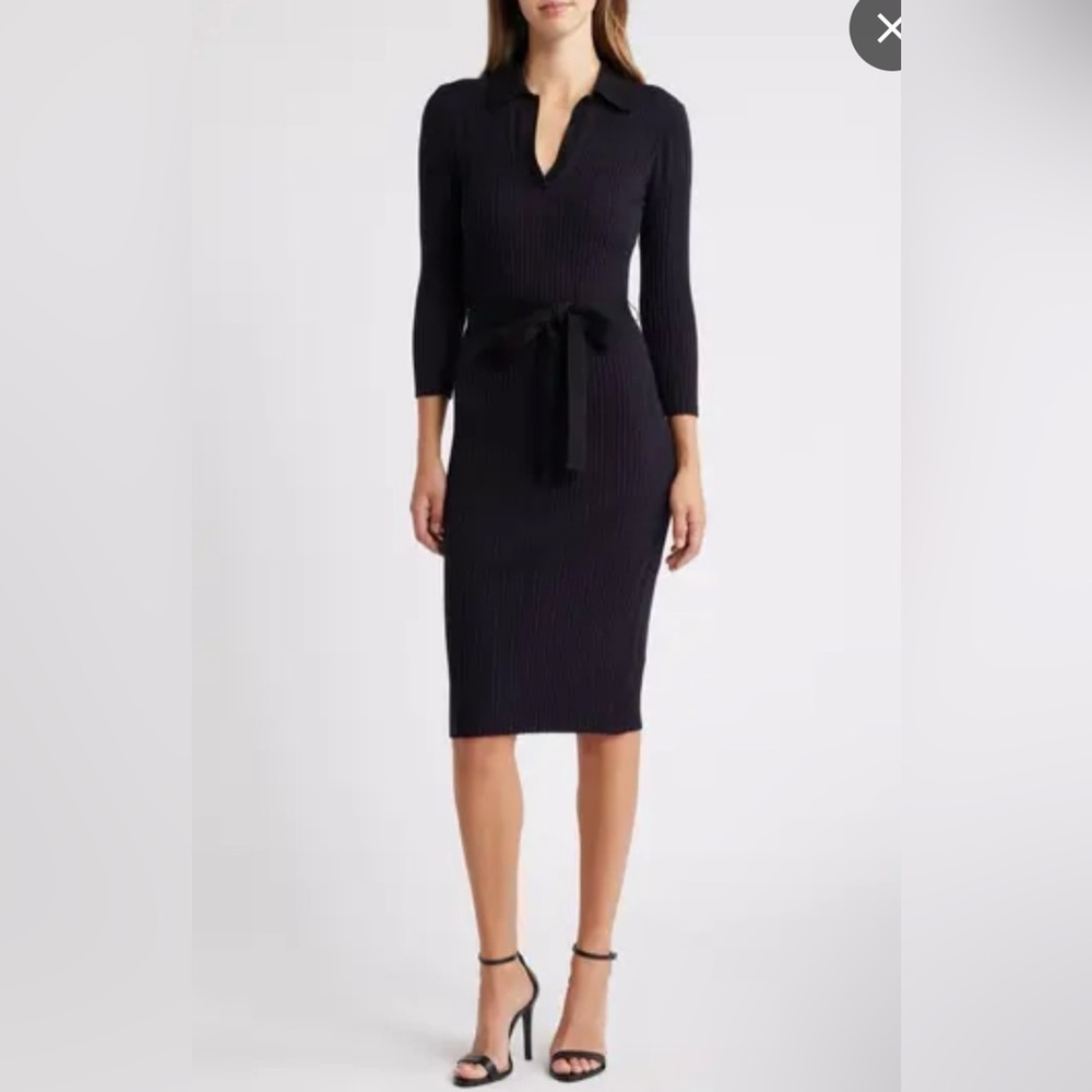 NWOT Eliza J Long Sleeve Polo Sweater Dress. Color: Black Navy.  Women’s Size S.